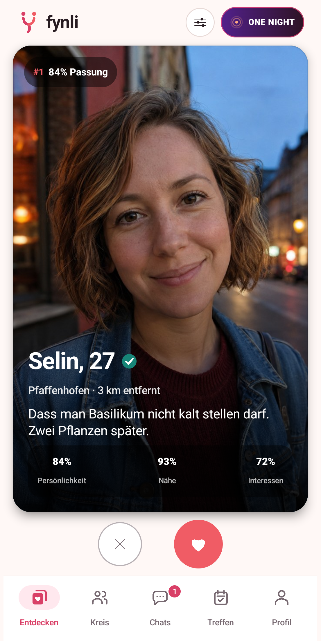 Fynli zeigt in der Offline-Demo Selins fiktives Profil mit Persönlichkeit, Nähe und Interessen.